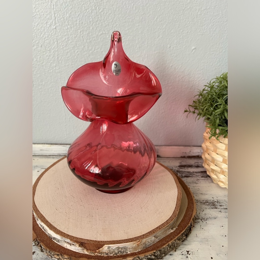 Vintage Fenton Cranberry Optic  Jack-in-the-Pulpit Vase 8.5” MINT Signed? Marked